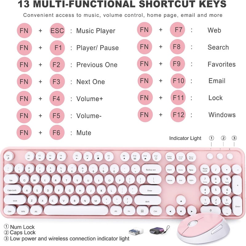 SkyGive Wireless Keyboard and Mouse Combo, Ergonomic Full Size Typewriter Retro Round Keycaps Keyboard, Compatible with Windows, PC, Perfer for Home and Office Keyboards (Lovely Pink) - Image 4